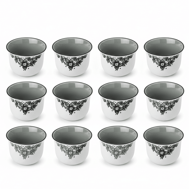 Lilac 12pcs White Ceramic Cawa Cup Set with Silver Rim and Black Leaf Artistic Design 80ml Elegant Espresso Cups for Coffee Tea and Special Occasions - Al Kabayel Discount CentreLilac 12pcs White Ceramic Cawa Cup Set with Silver Rim and Black Leaf Artistic Design 80ml Elegant Espresso Cups for Coffee Tea and Special OccasionsTea SetsLILACAl Kabayel Discount Centre