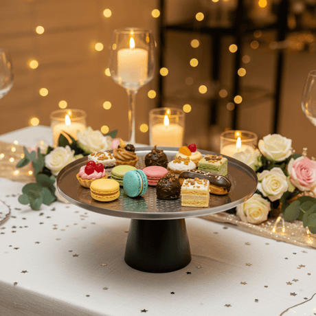 Luhpar Black Wooden Footed Brushed Silver Stainless Steel Cake Stand - 13×27 cm - Al Kabayel Discount CentreLuhpar Black Wooden Footed Brushed Silver Stainless Steel Cake Stand - 13×27 cmServing TraysLUHPARAl Kabayel Discount Centre