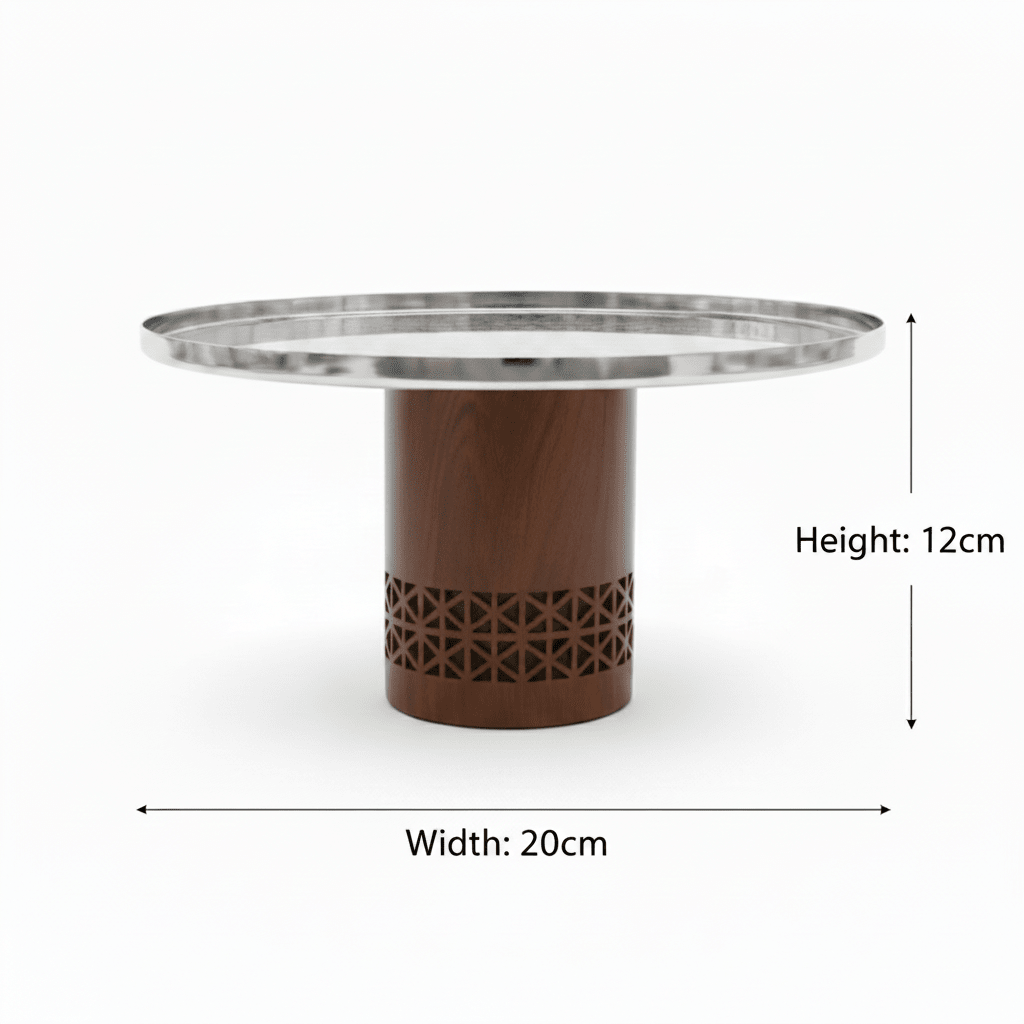 Luhpar Brown Wooden Footed Silver Stainless Steel Cake Stand - 20×12 cm - Al Kabayel Discount CentreLuhpar Brown Wooden Footed Silver Stainless Steel Cake Stand - 20×12 cmServing TraysLUHPARAl Kabayel Discount Centre