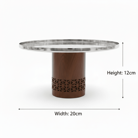 Luhpar Brown Wooden Footed Silver Stainless Steel Cake Stand - 20×12 cm - Al Kabayel Discount CentreLuhpar Brown Wooden Footed Silver Stainless Steel Cake Stand - 20×12 cmServing TraysLUHPARAl Kabayel Discount Centre