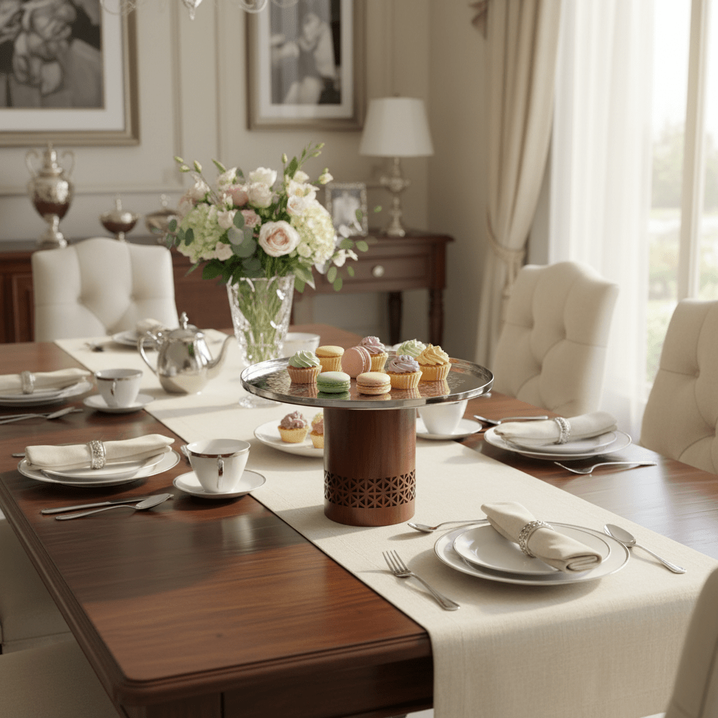 Luhpar Brown Wooden Footed Silver Stainless Steel Cake Stand - 27×14cm - Al Kabayel Discount CentreLuhpar Brown Wooden Footed Silver Stainless Steel Cake Stand - 27×14cmServing TraysLUHPARAl Kabayel Discount Centre