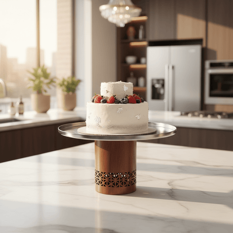 Luhpar Brown Wooden Footed Silver Stainless Steel Cake Stand - 27×14cm - Al Kabayel Discount CentreLuhpar Brown Wooden Footed Silver Stainless Steel Cake Stand - 27×14cmServing TraysLUHPARAl Kabayel Discount Centre