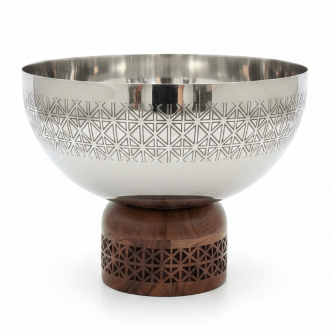 Luhpar Brown Wooden Footed Silver Stainless Steel Serving Bowl - 16×20 cm - Al Kabayel Discount CentreLuhpar Brown Wooden Footed Silver Stainless Steel Serving Bowl - 16×20 cmBowlsLUHPARAl Kabayel Discount Centre