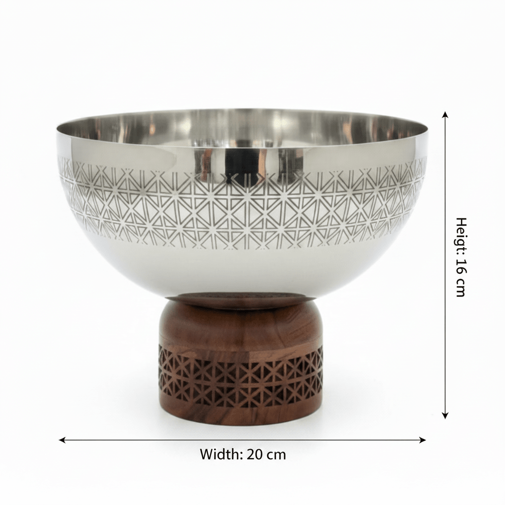 Luhpar Brown Wooden Footed Silver Stainless Steel Serving Bowl - 16×20 cm - Al Kabayel Discount CentreLuhpar Brown Wooden Footed Silver Stainless Steel Serving Bowl - 16×20 cmBowlsLUHPARAl Kabayel Discount Centre