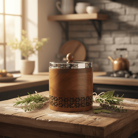 Luhpar Brown Wooden Jar with Silver Stainless Steel Lid — 12×12cm - Al Kabayel Discount CentreLuhpar Brown Wooden Jar with Silver Stainless Steel Lid — 12×12cmJars & Food SaversLUHPARAl Kabayel Discount Centre