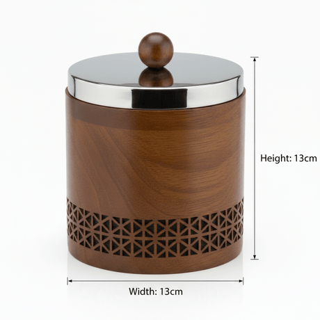 Luhpar Brown Wooden Jar with Silver Stainless Steel Lid — 13×13cm - Al Kabayel Discount CentreLuhpar Brown Wooden Jar with Silver Stainless Steel Lid — 13×13cmJars & Food SaversLUHPARAl Kabayel Discount Centre