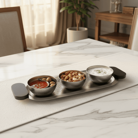 Luhpar Brushed Silver Stainless Steel Serving Tray with 3 Bowls & Black Wooden Handles - 35×15×10 cm - Al Kabayel Discount CentreLuhpar Brushed Silver Stainless Steel Serving Tray with 3 Bowls & Black Wooden Handles - 35×15×10 cmServing TraysLUHPARAl Kabayel Discount Centre