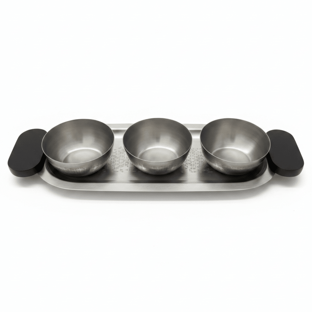 Luhpar Brushed Silver Stainless Steel Serving Tray with 3 Bowls & Black Wooden Handles - 35×15×10 cm - Al Kabayel Discount CentreLuhpar Brushed Silver Stainless Steel Serving Tray with 3 Bowls & Black Wooden Handles - 35×15×10 cmServing TraysLUHPARAl Kabayel Discount Centre