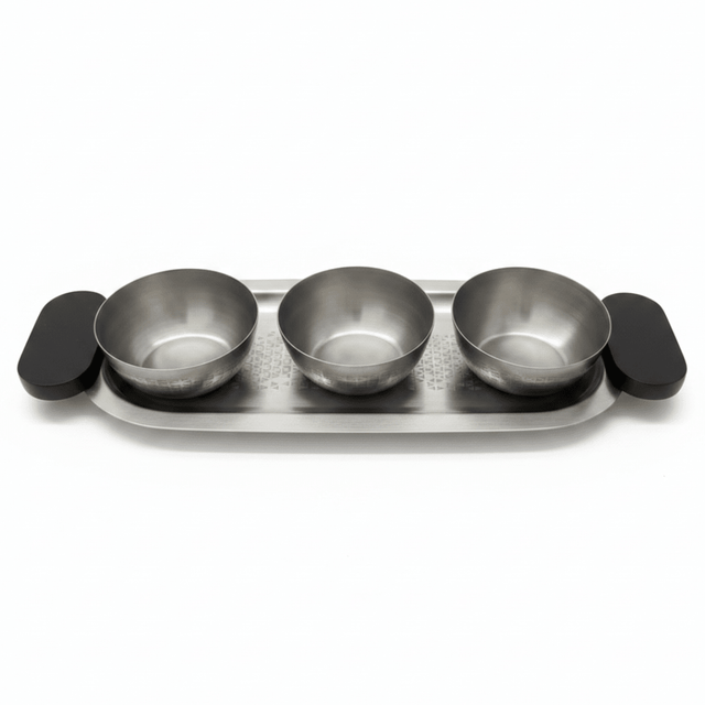 Luhpar Brushed Silver Stainless Steel Serving Tray with 3 Bowls & Black Wooden Handles - 35×15×10 cm - Al Kabayel Discount CentreLuhpar Brushed Silver Stainless Steel Serving Tray with 3 Bowls & Black Wooden Handles - 35×15×10 cmServing TraysLUHPARAl Kabayel Discount Centre