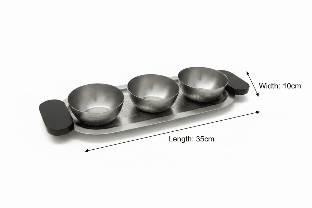 Luhpar Brushed Silver Stainless Steel Serving Tray with 3 Bowls & Black Wooden Handles - 35×15×10 cm - Al Kabayel Discount CentreLuhpar Brushed Silver Stainless Steel Serving Tray with 3 Bowls & Black Wooden Handles - 35×15×10 cmServing TraysLUHPARAl Kabayel Discount Centre