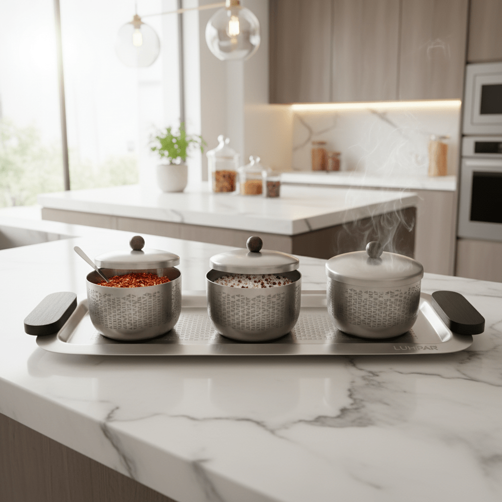 Luhpar Brushed Silver Stainless Steel Serving Tray with 3 Lidded Bowls & Black Wooden Handles | 55×20×10 cm - Al Kabayel Discount CentreLuhpar Brushed Silver Stainless Steel Serving Tray with 3 Lidded Bowls & Black Wooden Handles | 55×20×10 cmServing TraysLUHPARAl Kabayel Discount Centre