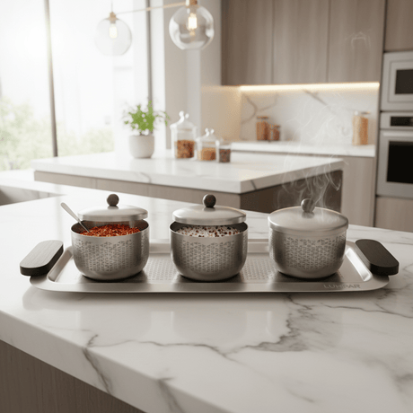 Luhpar Brushed Silver Stainless Steel Serving Tray with 3 Lidded Bowls & Black Wooden Handles | 55×20×10 cm - Al Kabayel Discount CentreLuhpar Brushed Silver Stainless Steel Serving Tray with 3 Lidded Bowls & Black Wooden Handles | 55×20×10 cmServing TraysLUHPARAl Kabayel Discount Centre