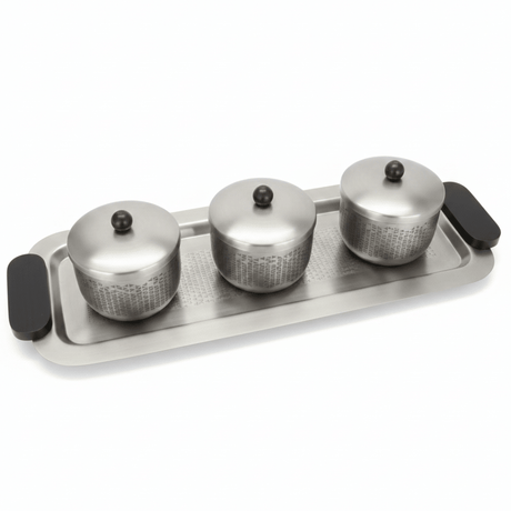 Luhpar Brushed Silver Stainless Steel Serving Tray with 3 Lidded Bowls & Black Wooden Handles | 55×20×10 cm - Al Kabayel Discount CentreLuhpar Brushed Silver Stainless Steel Serving Tray with 3 Lidded Bowls & Black Wooden Handles | 55×20×10 cmServing TraysLUHPARAl Kabayel Discount Centre