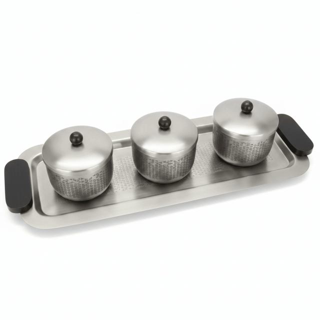 Luhpar Brushed Silver Stainless Steel Serving Tray with 3 Lidded Bowls & Black Wooden Handles | 55×20×10 cm - Al Kabayel Discount CentreLuhpar Brushed Silver Stainless Steel Serving Tray with 3 Lidded Bowls & Black Wooden Handles | 55×20×10 cmServing TraysLUHPARAl Kabayel Discount Centre