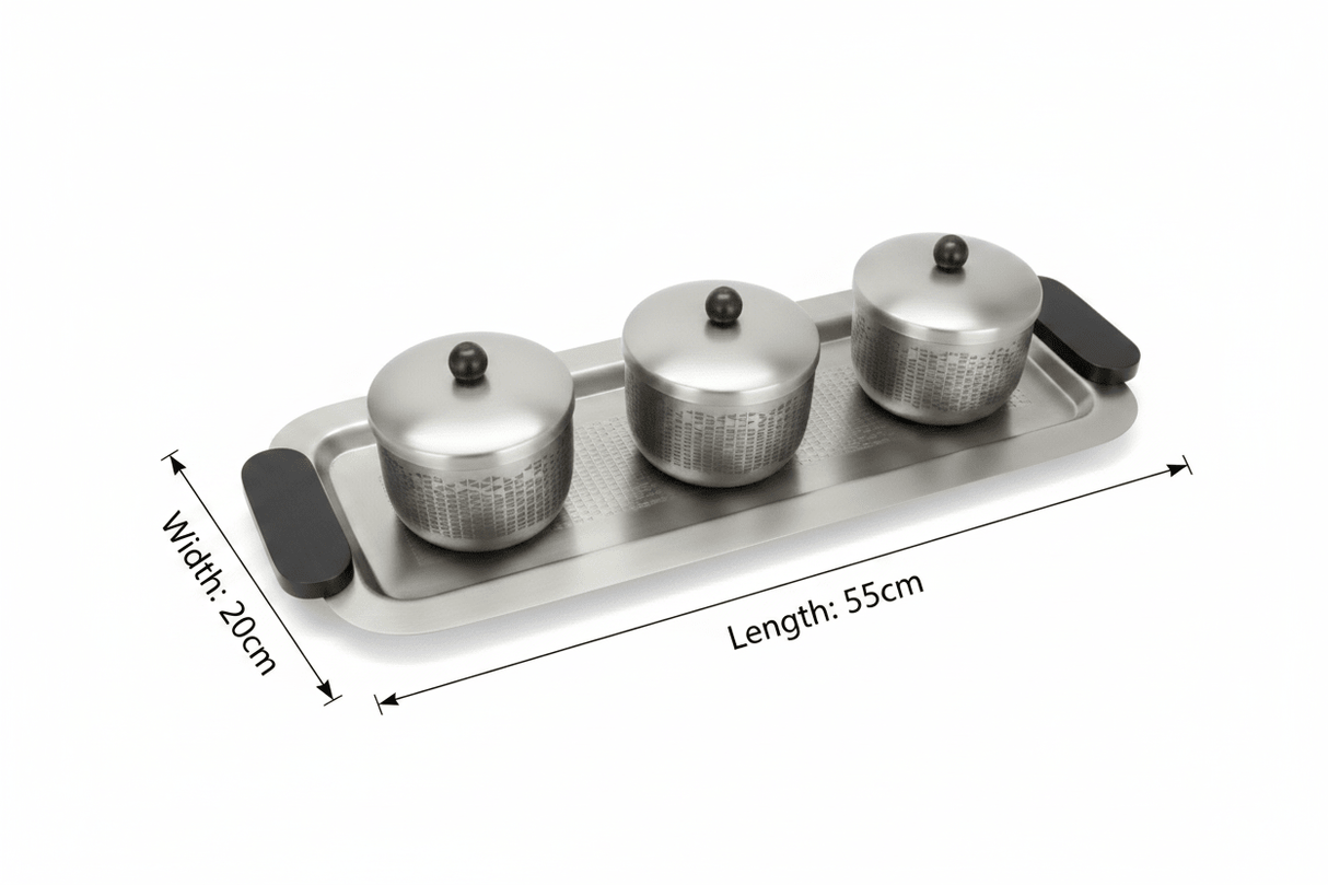 Luhpar Brushed Silver Stainless Steel Serving Tray with 3 Lidded Bowls & Black Wooden Handles | 55×20×10 cm - Al Kabayel Discount CentreLuhpar Brushed Silver Stainless Steel Serving Tray with 3 Lidded Bowls & Black Wooden Handles | 55×20×10 cmServing TraysLUHPARAl Kabayel Discount Centre