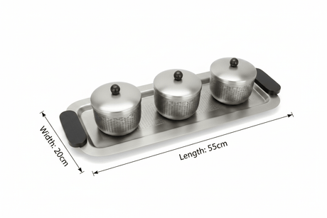 Luhpar Brushed Silver Stainless Steel Serving Tray with 3 Lidded Bowls & Black Wooden Handles | 55×20×10 cm - Al Kabayel Discount CentreLuhpar Brushed Silver Stainless Steel Serving Tray with 3 Lidded Bowls & Black Wooden Handles | 55×20×10 cmServing TraysLUHPARAl Kabayel Discount Centre