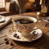 Luhpar Chinoserie Floral Ceramic Cup & Saucer – 220 ml – Gold Decal Design AM-015