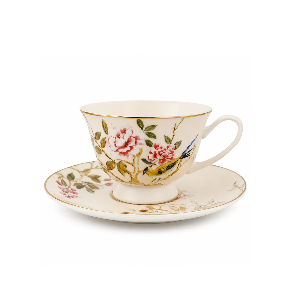 Luhpar Chinoserie Floral Ceramic Cup & Saucer – 220 ml – Gold Decal Design AM-015