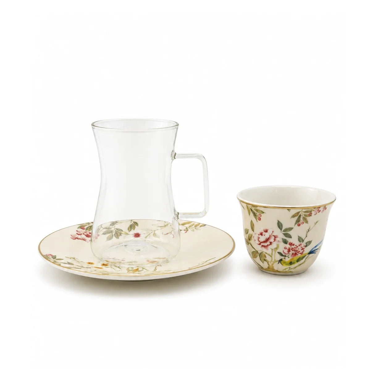 Luhpar Chinoserie Floral Tea & Cawa Cup Set – 18-Piece – Gold Decal Design  AM-017
