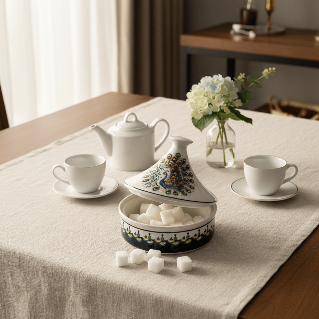 Luhpar Decorative Ceramic Sugar Pot with Peacock Artwork and Lid for Stylish Food Presentation – 15×15 cm - Al Kabayel Discount CentreLuhpar Decorative Ceramic Sugar Pot with Peacock Artwork and Lid for Stylish Food Presentation – 15×15 cmJars & Food SaversLUHPARAl Kabayel Discount Centre