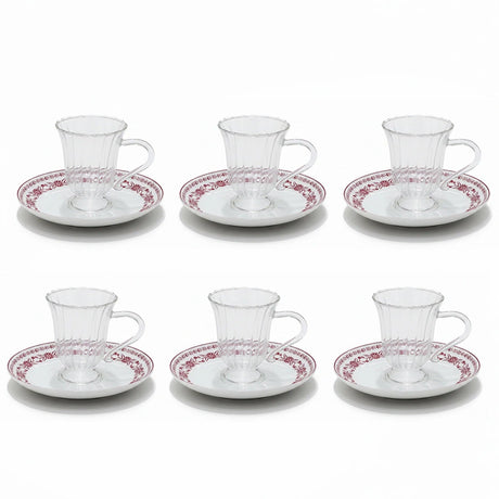 Luhpar EM - 011 Glass Cup & Ceramic Saucer Set with Red Rim – 12 - Piece Set – White with Red Floral Design - Al Kabayel Discount CentreLuhpar EM - 011 Glass Cup & Ceramic Saucer Set with Red Rim – 12 - Piece Set – White with Red Floral DesignTea SetsLUHPARAl Kabayel Discount Centre