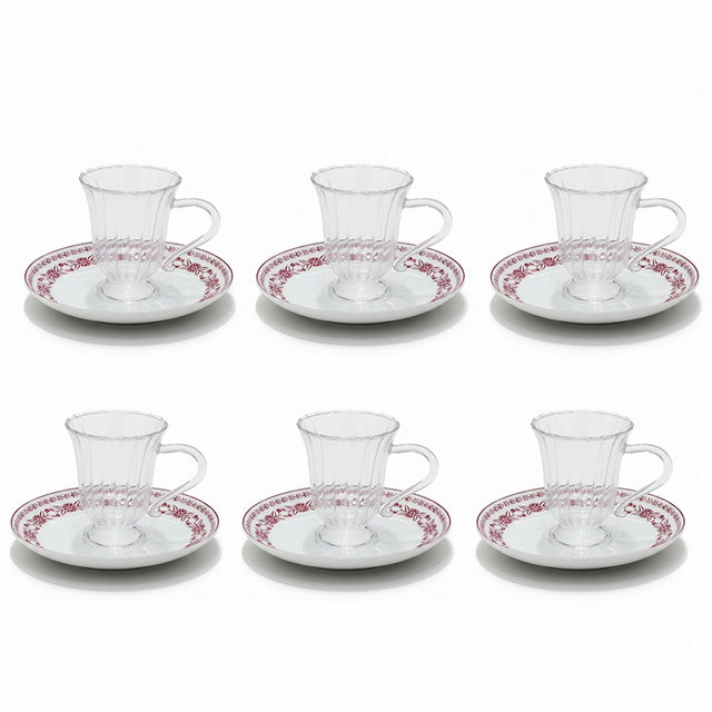 Luhpar EM - 011 Glass Cup & Ceramic Saucer Set with Red Rim – 12 - Piece Set – White with Red Floral Design - Al Kabayel Discount CentreLuhpar EM - 011 Glass Cup & Ceramic Saucer Set with Red Rim – 12 - Piece Set – White with Red Floral DesignTea SetsLUHPARAl Kabayel Discount Centre