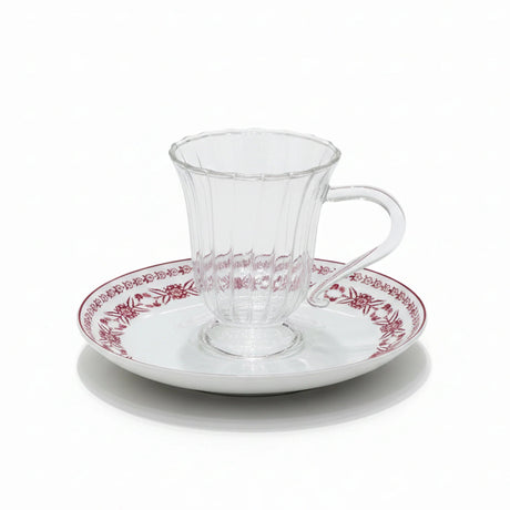 Luhpar EM - 011 Glass Cup & Ceramic Saucer Set with Red Rim – 12 - Piece Set – White with Red Floral Design - Al Kabayel Discount CentreLuhpar EM - 011 Glass Cup & Ceramic Saucer Set with Red Rim – 12 - Piece Set – White with Red Floral DesignTea SetsLUHPARAl Kabayel Discount Centre