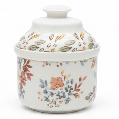 Luhpar Floral White Ceramic Sugar Pot with Decorative Lid for Tea, Coffee and Table Serving – 10 cm - Al Kabayel Discount CentreLuhpar Floral White Ceramic Sugar Pot with Decorative Lid for Tea, Coffee and Table Serving – 10 cmJars & Food SaversLUHPARAl Kabayel Discount Centre