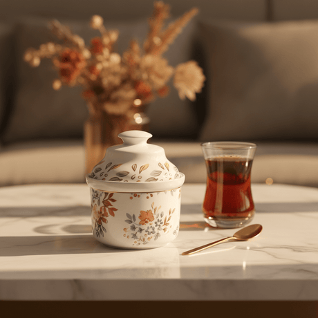 Luhpar Floral White Ceramic Sugar Pot with Decorative Lid for Tea, Coffee and Table Serving – 10 cm - Al Kabayel Discount CentreLuhpar Floral White Ceramic Sugar Pot with Decorative Lid for Tea, Coffee and Table Serving – 10 cmJars & Food SaversLUHPARAl Kabayel Discount Centre