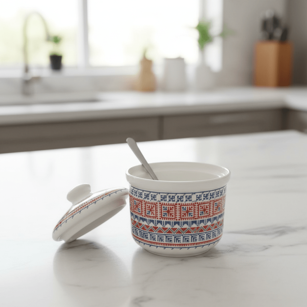 Luhpar Minimalist White Ceramic Sugar Pot with Tatreez Pattern and Elegant Lid for Modern Kitchens – 10 cm - Al Kabayel Discount CentreLuhpar Minimalist White Ceramic Sugar Pot with Tatreez Pattern and Elegant Lid for Modern Kitchens – 10 cmJars & Food SaversLUHPARAl Kabayel Discount Centre