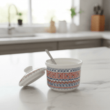Luhpar Minimalist White Ceramic Sugar Pot with Tatreez Pattern and Elegant Lid for Modern Kitchens – 10 cm - Al Kabayel Discount CentreLuhpar Minimalist White Ceramic Sugar Pot with Tatreez Pattern and Elegant Lid for Modern Kitchens – 10 cmJars & Food SaversLUHPARAl Kabayel Discount Centre