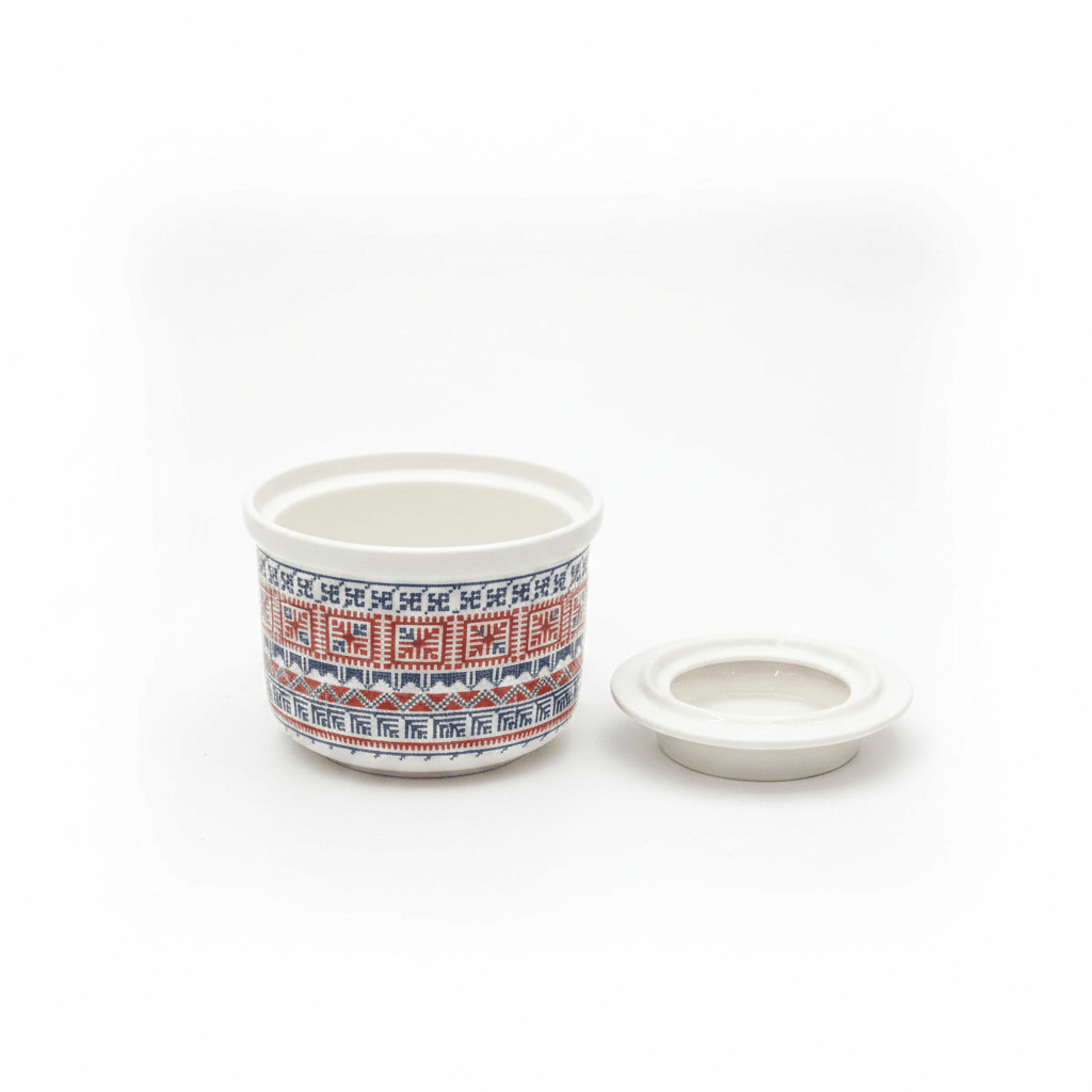 Luhpar Minimalist White Ceramic Sugar Pot with Tatreez Pattern and Elegant Lid for Modern Kitchens – 10 cm - Al Kabayel Discount CentreLuhpar Minimalist White Ceramic Sugar Pot with Tatreez Pattern and Elegant Lid for Modern Kitchens – 10 cmJars & Food SaversLUHPARAl Kabayel Discount Centre