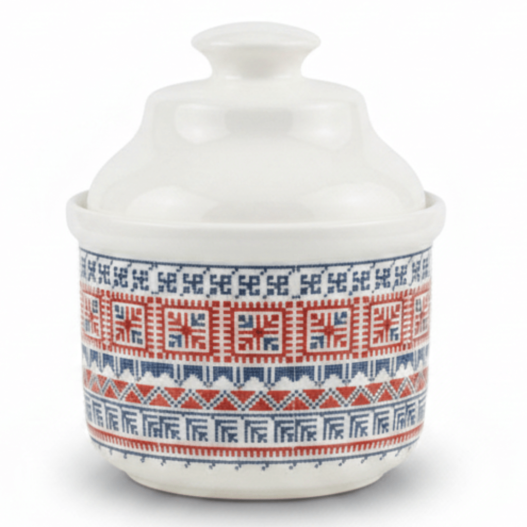 Luhpar Minimalist White Ceramic Sugar Pot with Tatreez Pattern and Elegant Lid for Modern Kitchens – 10 cm - Al Kabayel Discount CentreLuhpar Minimalist White Ceramic Sugar Pot with Tatreez Pattern and Elegant Lid for Modern Kitchens – 10 cmJars & Food SaversLUHPARAl Kabayel Discount Centre