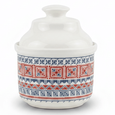 Luhpar Minimalist White Ceramic Sugar Pot with Tatreez Pattern and Elegant Lid for Modern Kitchens – 10 cm - Al Kabayel Discount CentreLuhpar Minimalist White Ceramic Sugar Pot with Tatreez Pattern and Elegant Lid for Modern Kitchens – 10 cmJars & Food SaversLUHPARAl Kabayel Discount Centre