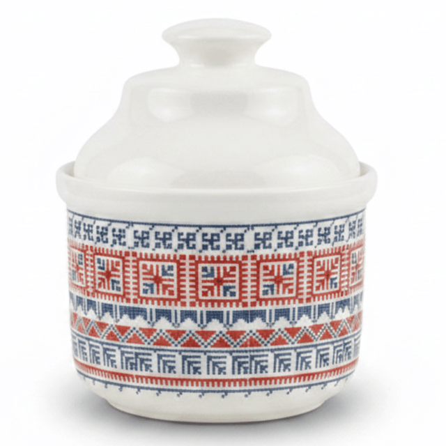 Luhpar Minimalist White Ceramic Sugar Pot with Tatreez Pattern and Elegant Lid for Modern Kitchens – 10 cm - Al Kabayel Discount CentreLuhpar Minimalist White Ceramic Sugar Pot with Tatreez Pattern and Elegant Lid for Modern Kitchens – 10 cmJars & Food SaversLUHPARAl Kabayel Discount Centre