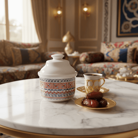 Luhpar Minimalist White Ceramic Sugar Pot with Tatreez Pattern and Elegant Lid for Modern Kitchens – 10 cm - Al Kabayel Discount CentreLuhpar Minimalist White Ceramic Sugar Pot with Tatreez Pattern and Elegant Lid for Modern Kitchens – 10 cmJars & Food SaversLUHPARAl Kabayel Discount Centre