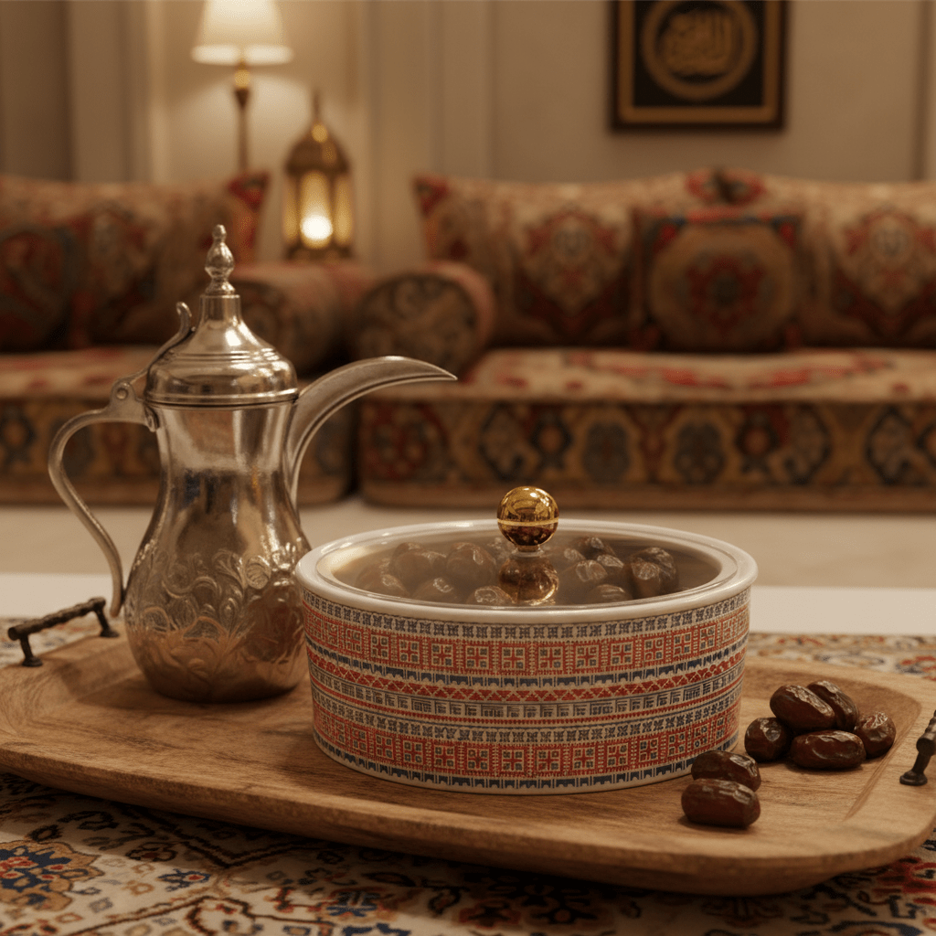 Luhpar Modern Ceramic Dates Bowl with Tatreez Pattern & Clear Acrylic Cover for Serving Dry Fruits and Snacks – 15×15 cm - Al Kabayel Discount CentreLuhpar Modern Ceramic Dates Bowl with Tatreez Pattern & Clear Acrylic Cover for Serving Dry Fruits and Snacks – 15×15 cmJars & Food SaversLUHPARAl Kabayel Discount Centre