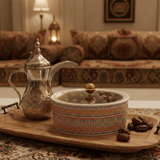 Luhpar Modern Ceramic Dates Bowl with Tatreez Pattern & Clear Acrylic Cover for Serving Dry Fruits and Snacks – 15×15 cm - Al Kabayel Discount CentreLuhpar Modern Ceramic Dates Bowl with Tatreez Pattern & Clear Acrylic Cover for Serving Dry Fruits and Snacks – 15×15 cmJars & Food SaversLUHPARAl Kabayel Discount Centre