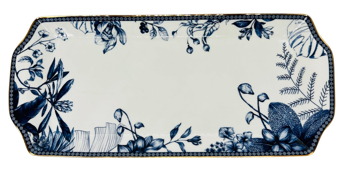 Luhpar Porcelain Rectangular Tray 37cm*16.5cm, Blue Floral Design with Gold Rim - Al Kabayel Discount CentreLuhpar Porcelain Rectangular Tray 37cm*16.5cm, Blue Floral Design with Gold RimServing TraysLUHPARAl Kabayel Discount Centre