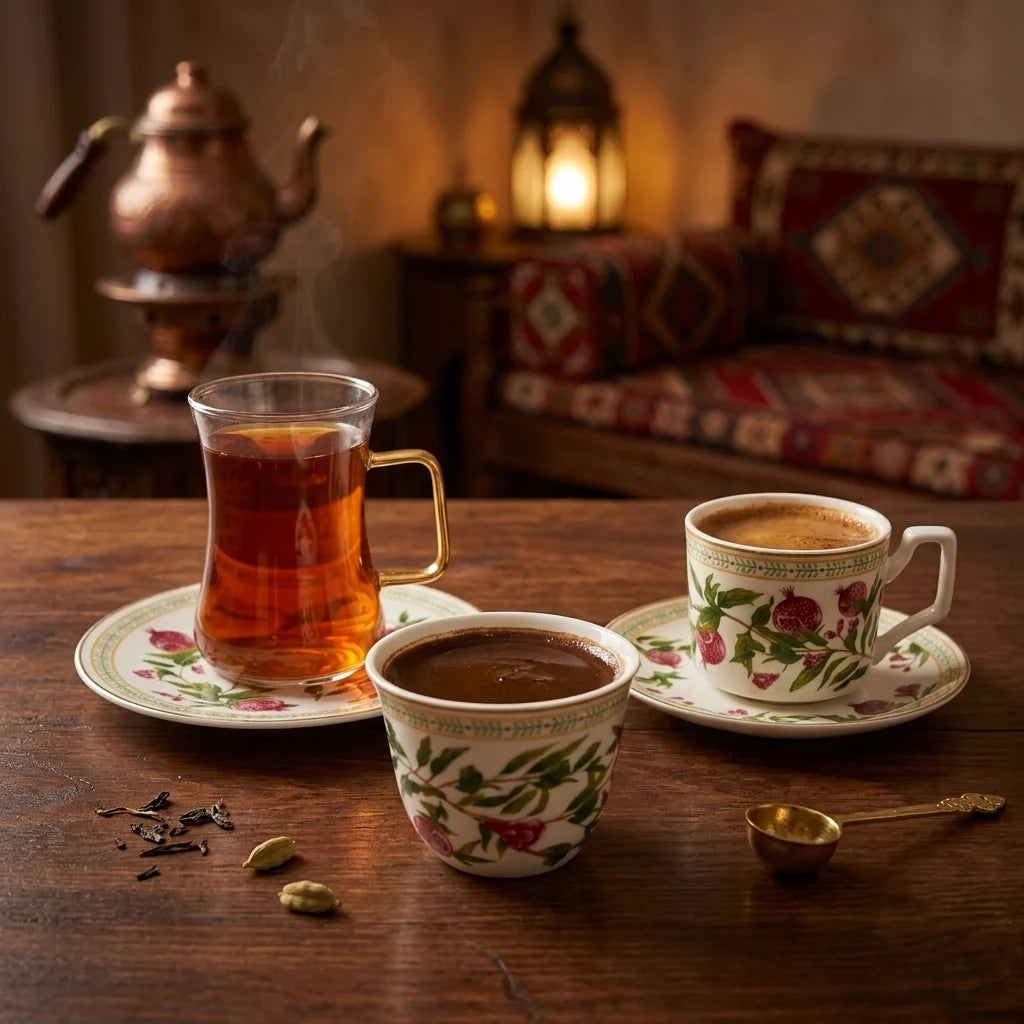 Luhpar Tea & Cawa Cup Set – 30-Piece – Pomegranate & Floral Gold Decal Design AM-020
