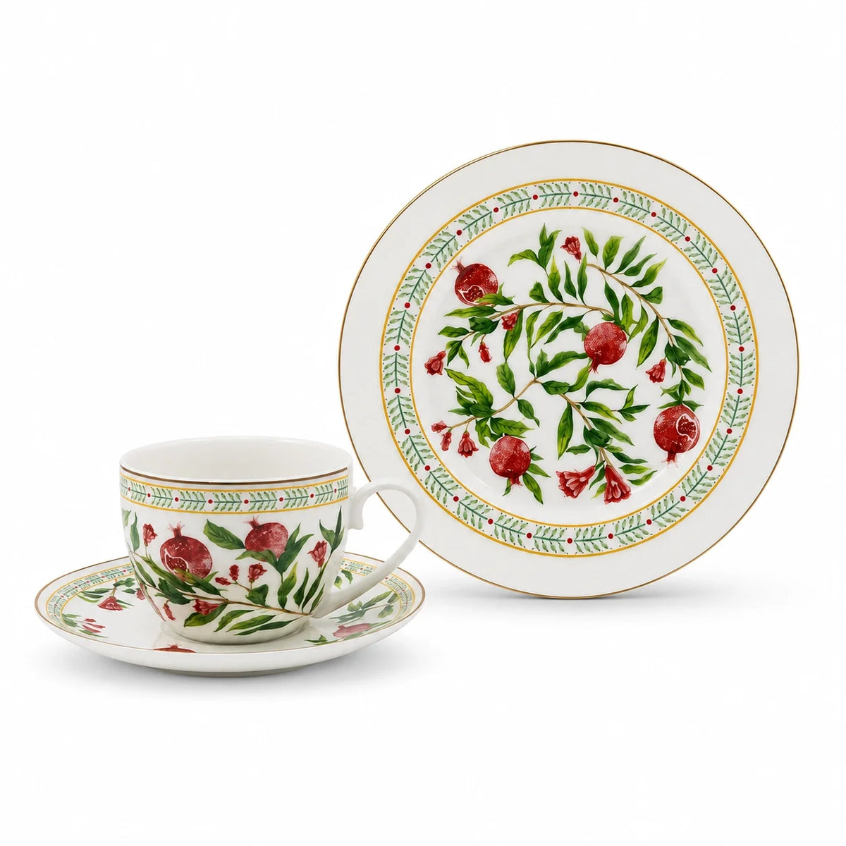 Luhpar Porcelain Tea Set with Side Plates – 18-Piece – Pomegranate & Floral Gold Decal Design  AM-018