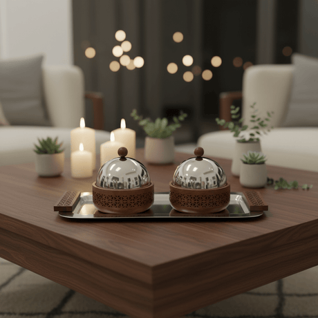 Luhpar Rectangular Stainless Steel Serving Tray with 2 Wooden Bowls & Dome Lids - 44×22×13 cm - Al Kabayel Discount CentreLuhpar Rectangular Stainless Steel Serving Tray with 2 Wooden Bowls & Dome Lids - 44×22×13 cmServing TraysLUHPARAl Kabayel Discount Centre