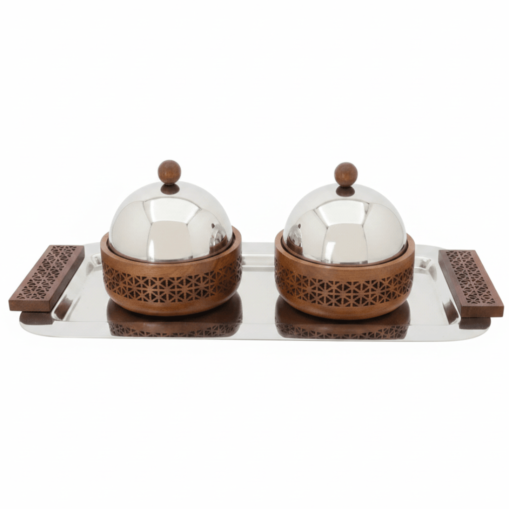 Luhpar Rectangular Stainless Steel Serving Tray with 2 Wooden Bowls & Dome Lids - 44×22×13 cm - Al Kabayel Discount CentreLuhpar Rectangular Stainless Steel Serving Tray with 2 Wooden Bowls & Dome Lids - 44×22×13 cmServing TraysLUHPARAl Kabayel Discount Centre