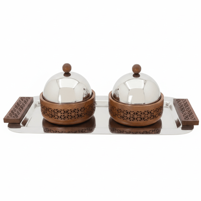 Luhpar Rectangular Stainless Steel Serving Tray with 2 Wooden Bowls & Dome Lids - 44×22×13 cm - Al Kabayel Discount CentreLuhpar Rectangular Stainless Steel Serving Tray with 2 Wooden Bowls & Dome Lids - 44×22×13 cmServing TraysLUHPARAl Kabayel Discount Centre