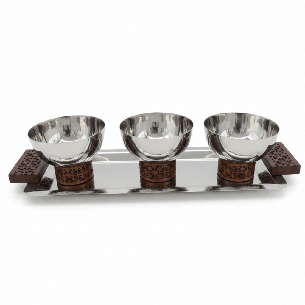 Luhpar Silver Rectangle Stainless Steel Serving Tray with 3 Wooden Footed Bowls - 33×13 cm - Al Kabayel Discount CentreLuhpar Silver Rectangle Stainless Steel Serving Tray with 3 Wooden Footed Bowls - 33×13 cmServing TraysLUHPARAl Kabayel Discount Centre