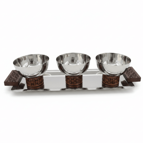 Luhpar Silver Rectangle Stainless Steel Serving Tray with 3 Wooden Footed Bowls - 33×13 cm - Al Kabayel Discount CentreLuhpar Silver Rectangle Stainless Steel Serving Tray with 3 Wooden Footed Bowls - 33×13 cmServing TraysLUHPARAl Kabayel Discount Centre