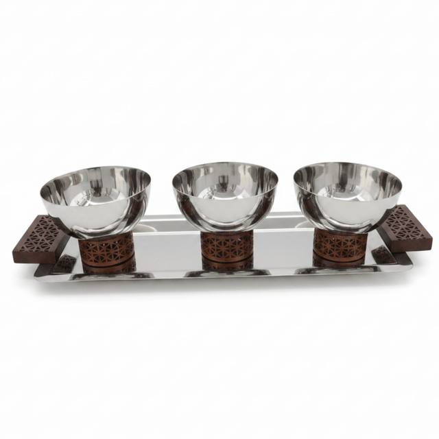 Luhpar Silver Rectangle Stainless Steel Serving Tray with 3 Wooden Footed Bowls - 33×13 cm - Al Kabayel Discount CentreLuhpar Silver Rectangle Stainless Steel Serving Tray with 3 Wooden Footed Bowls - 33×13 cmServing TraysLUHPARAl Kabayel Discount Centre