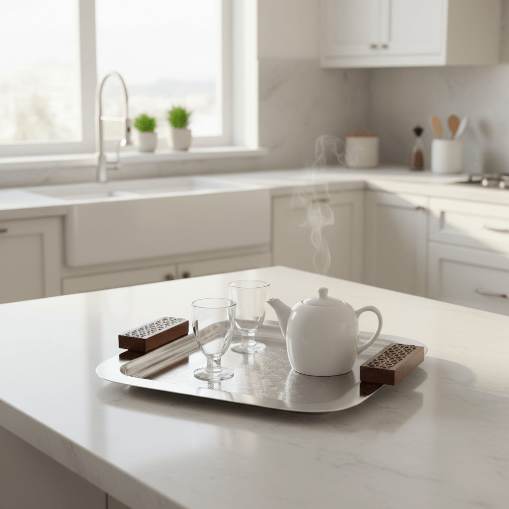 Luhpar Silver Square Stainless Steel Serving Tray with Wooden Handles – 30×30cm - Al Kabayel Discount CentreLuhpar Silver Square Stainless Steel Serving Tray with Wooden Handles – 30×30cmServing TraysLUHPARAl Kabayel Discount Centre
