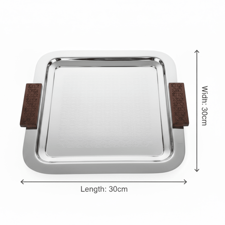 Luhpar Silver Square Stainless Steel Serving Tray with Wooden Handles – 30×30cm - Al Kabayel Discount CentreLuhpar Silver Square Stainless Steel Serving Tray with Wooden Handles – 30×30cmServing TraysLUHPARAl Kabayel Discount Centre