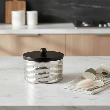 Luhpar Silver Wave Textured Aluminum Round Storage Box With Black Wooden Lid - 14×8 cm - 75006-A - Al Kabayel Discount CentreLuhpar Silver Wave Textured Aluminum Round Storage Box With Black Wooden Lid - 14×8 cm - 75006-AJars & Food SaversLUHPARAl Kabayel Discount Centre